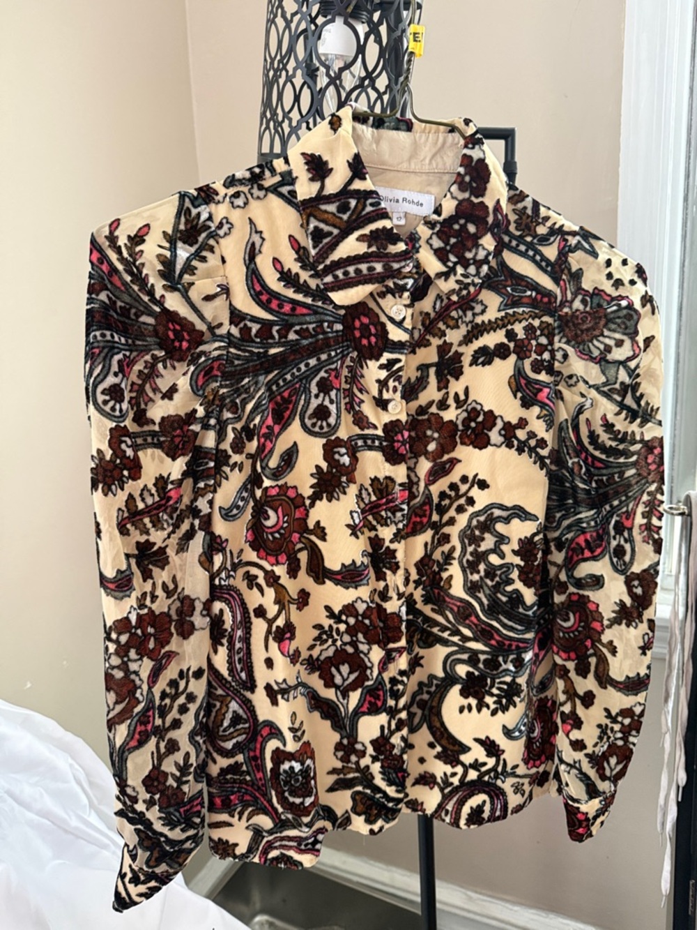 Women’s Beige Paisley Velvet Button-Down Shirt with Pink & Brown Accents
